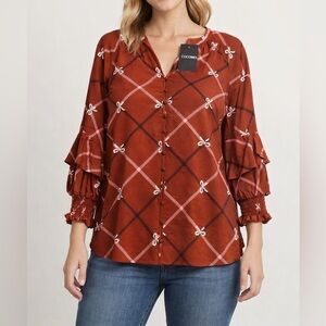Cocomo Rust Bow Print Button Front Blouse Ruffle Sleeves Size L NWT